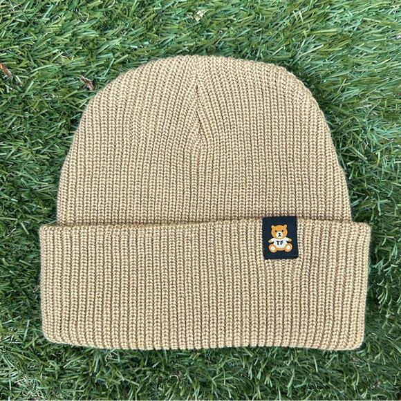 Teddy Fresh Waffle Knit Classic Double Layered Beanie with Woven Ted Logo Khaki - Picture 1 of 6
